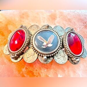 Patriot BELT BUCKLE MENS Eagle Nickels and Red Cabochons 5.5 Silver Tone 4110 B